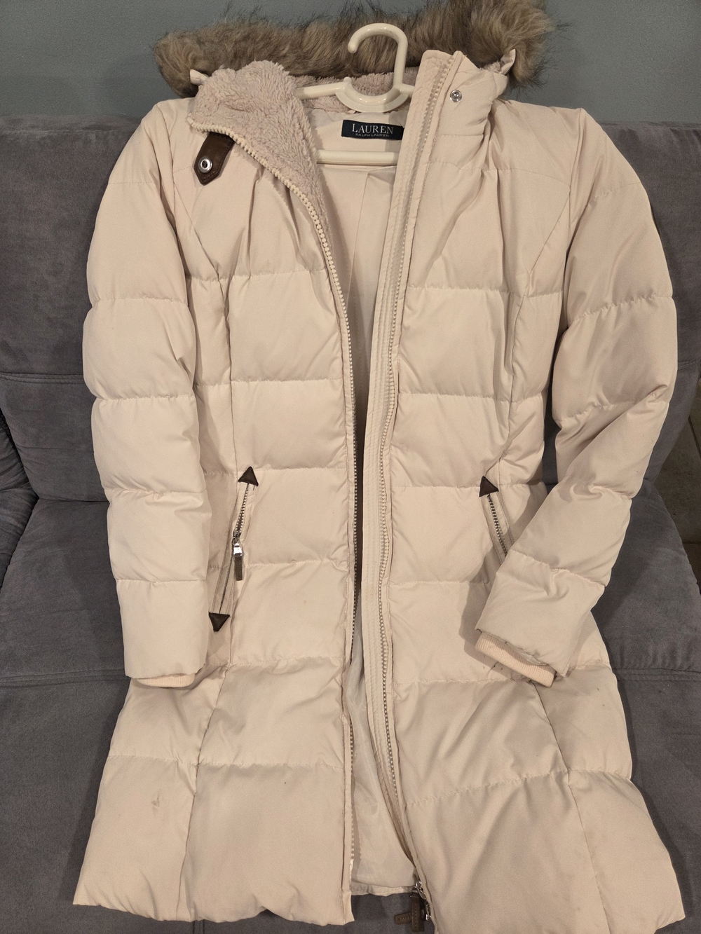 Lauren Ralph Lauren Light Cream Quilted Puffer Coat with Faux Fur Hood
